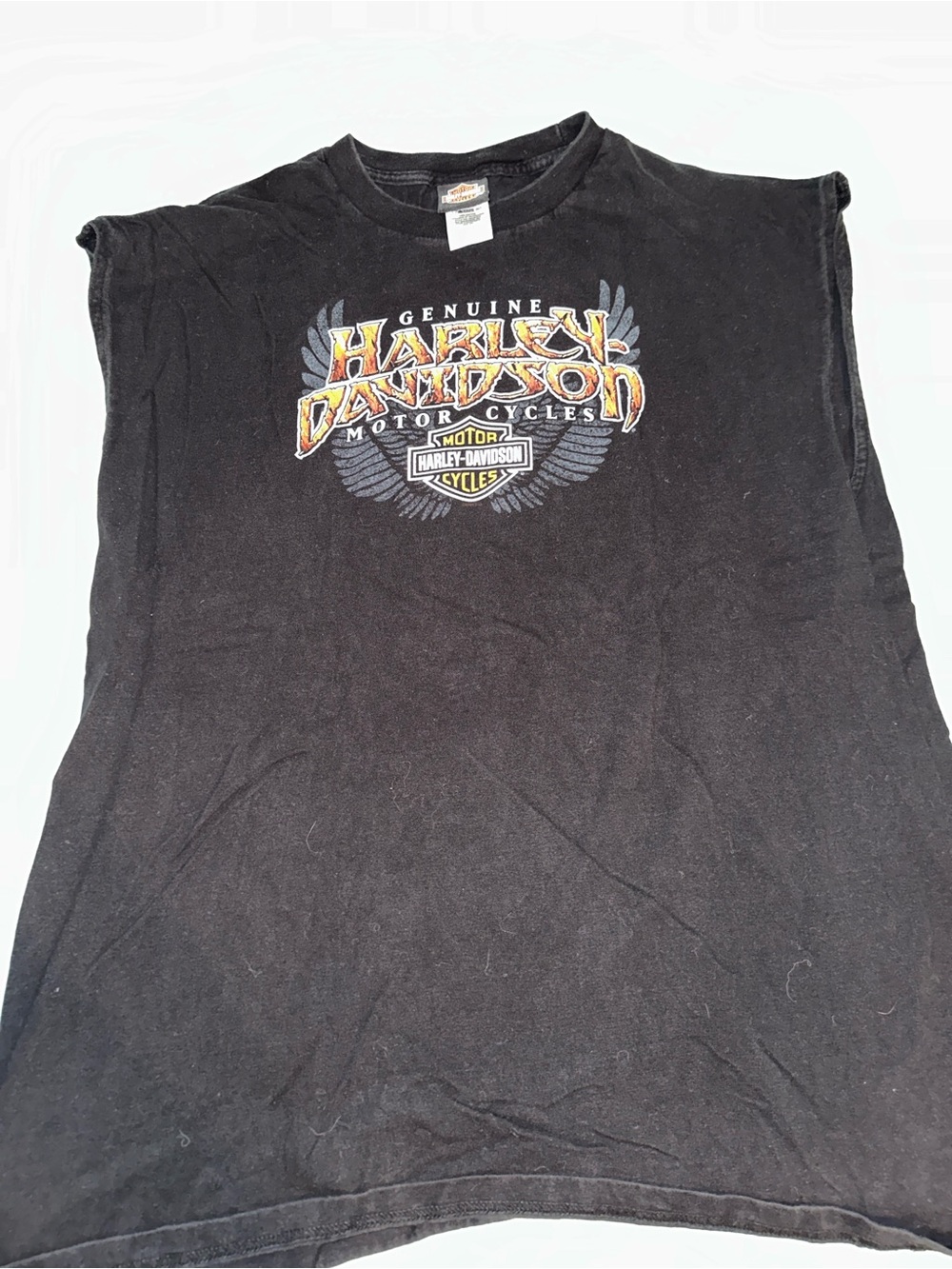 Vintage Harley-Davidson Black Tee with Orange Logo and Gray Wings
